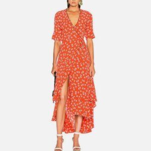 Ganni Dress Crepe Wrap Maxi in Red Floral XS
